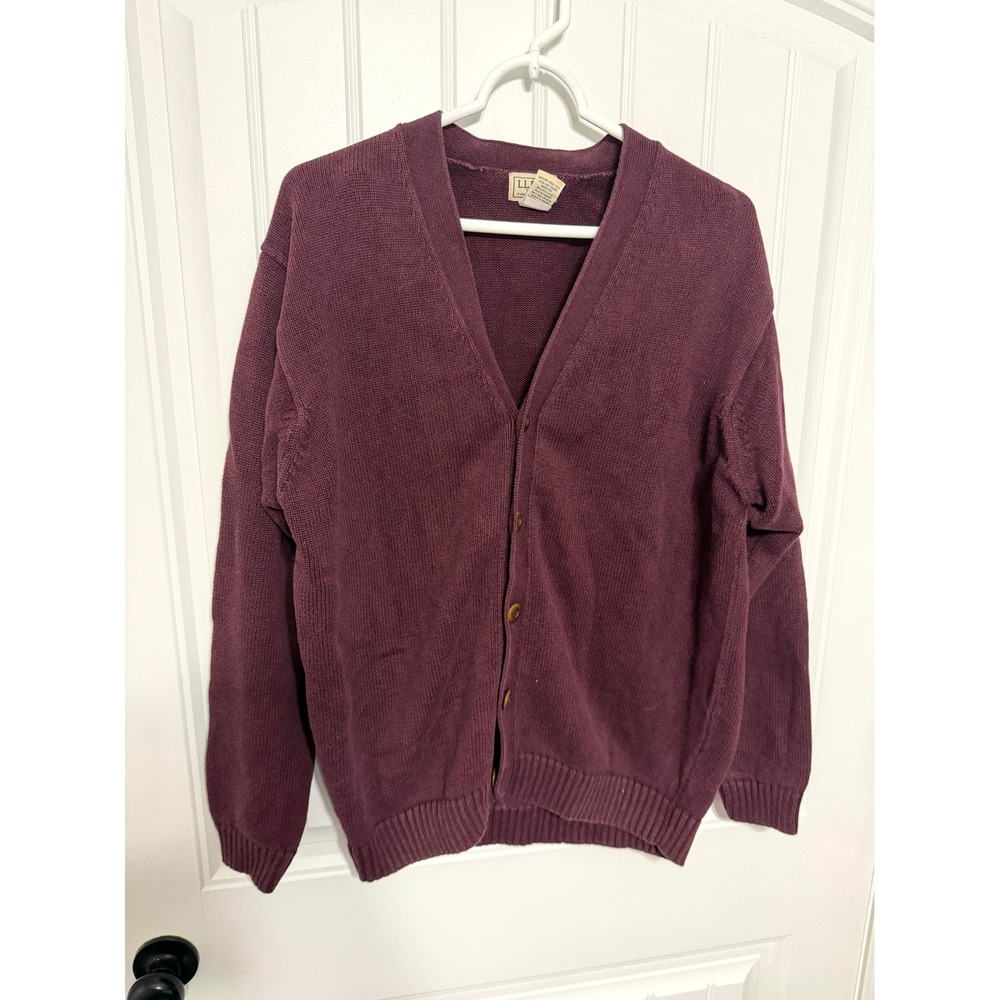 L.L. Bean Cardigan Sweater Mens L-Tall Burgundy Cotton Knit Button Front V-Neck‎